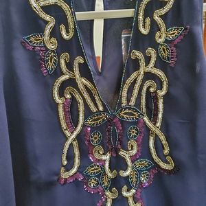 Boston Proper Deep Blue Blouse with Gold and Purple Embellishments